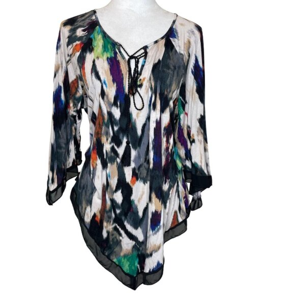 cha cha vente Cascade Abstract Scoop Neck Cut Out Tie Up Top Blouse XL - Picture 1 of 5